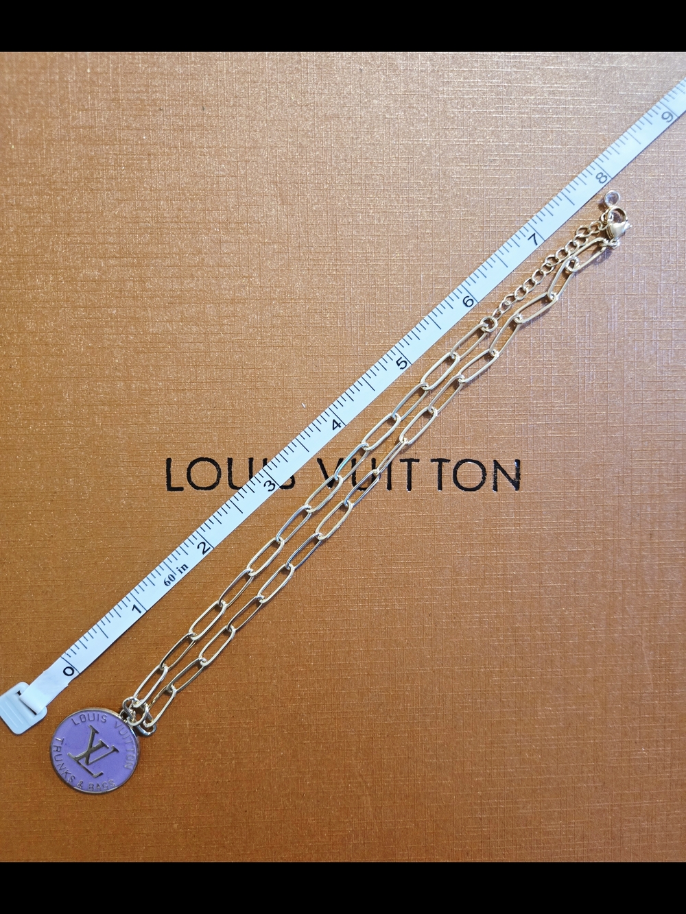 Louis Vuitton Lavender Enamel Logo Disc Necklace with Gold-Tone Paperclip Chain - Picture 3 of 5